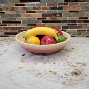 Vintage Spaghetti Bowl, Stoneware Cream w Burgundy